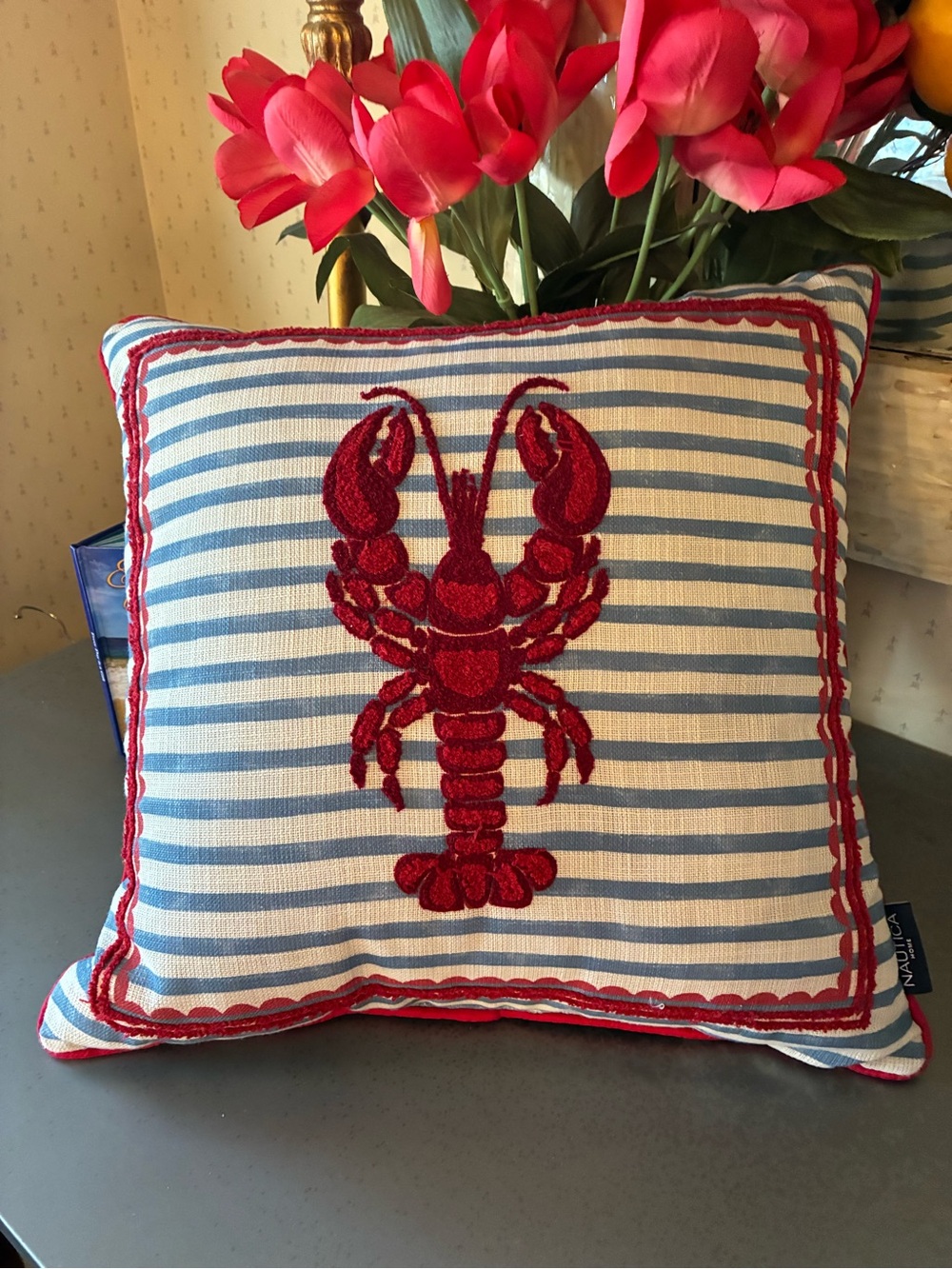 Nautica, LOBSTER pillow BLUE and WHITE stripe / RED embroidered lobster and trim